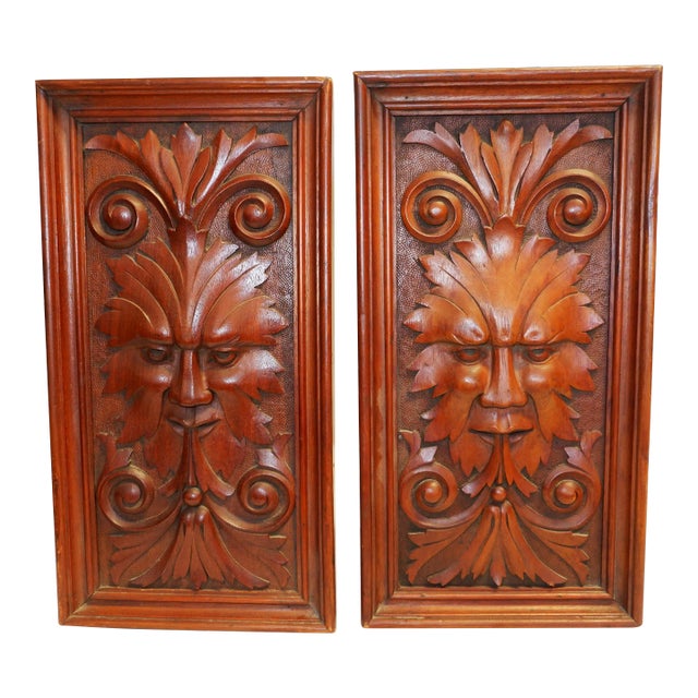 Pair of Antique 1900s “Green Man” Wood Carved Panels For Sale