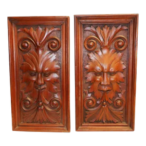 Pair of Antique 1900s “Green Man” Wood Carved Panels