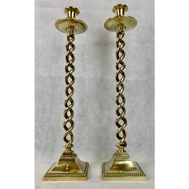 Pair of Nineteenth Century English Brass Open Barley Twist Candlesticks-21" Tall For Sale - Image 9 of 9