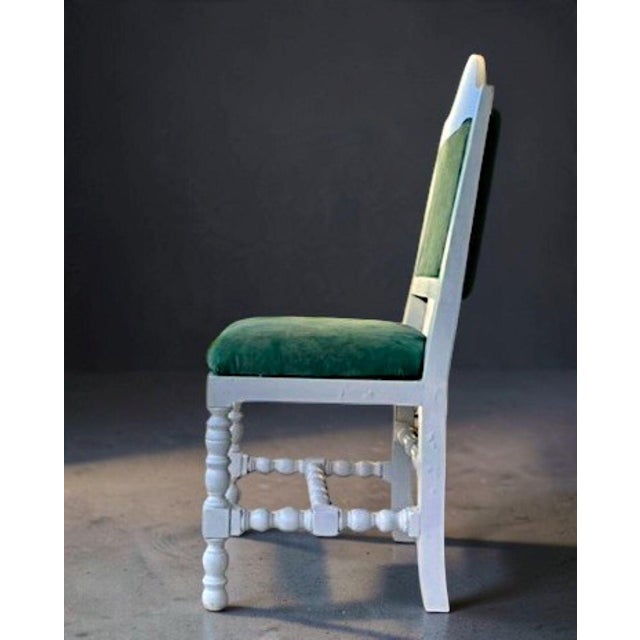 Antique Portuguese Wood Chair in Agua Green Velvet Fabric, 1920s For Sale - Image 4 of 10
