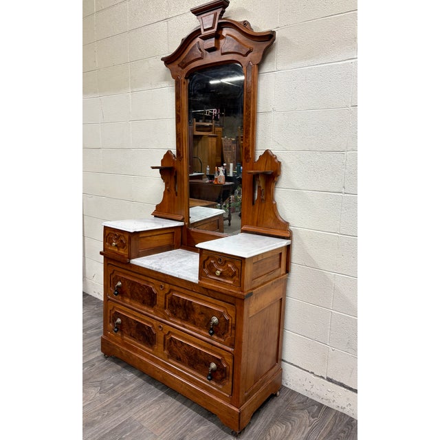 Antique American Renaissance Victorian Eastlake Marble Top Dresser Chest Vanity For Sale - Image 4 of 18