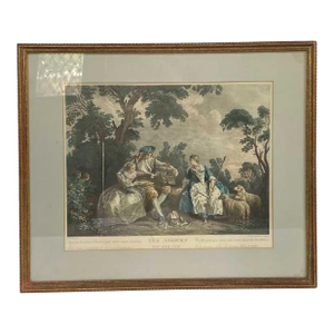 N. De Larmessin III Colored Engraving, Les Amours Du Bocage After N. Lancret