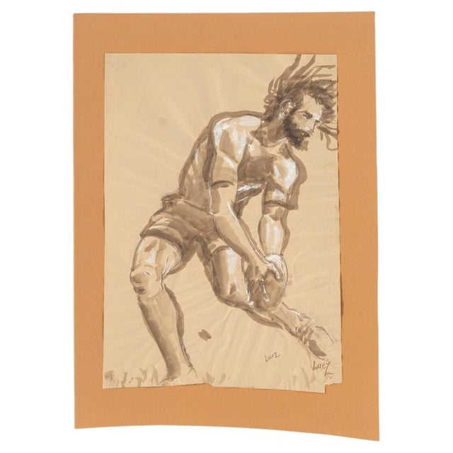 Paper Evelyne Luez, Depicting a Rugby Player in Action, Watercolor on Crumpled Paper For Sale - Image 7 of 7