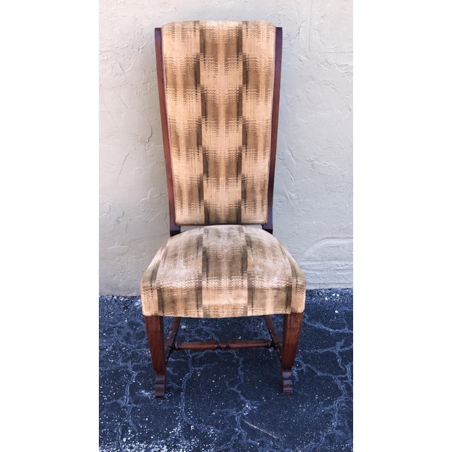 Set of fine original French modernist dining chairs. Tall backs with elegant cabriole front legs and tapered splay back...