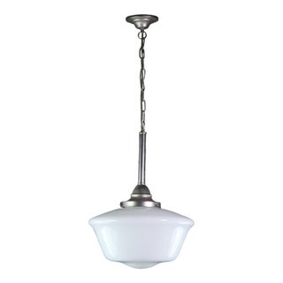 1940s Opaline Glass Schoolhouse Brushed Steel Pendant Light For Sale