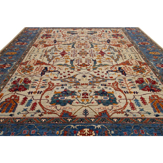 2020s Modern Designed Serapi-Style Wool Rug in Beige and Blue For Sale - Image 5 of 9