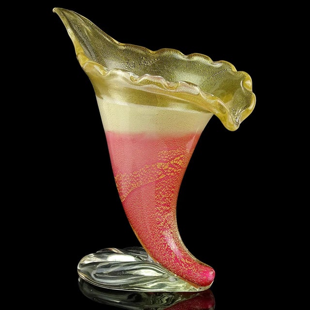 Aureliano Toso Vintage Murano Dino Martens Gold Flecks Pink White Italian Art Glass Midcentury Footed Flower Vase For Sale - Image 4 of 7