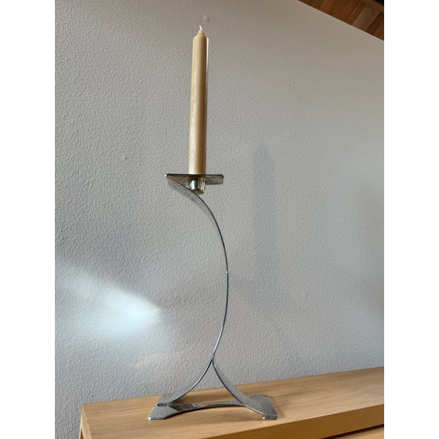 Metal Mid-Century Sculptural Chrome Candlestick With Curved Stem and Architectural Base For Sale - Image 7 of 8