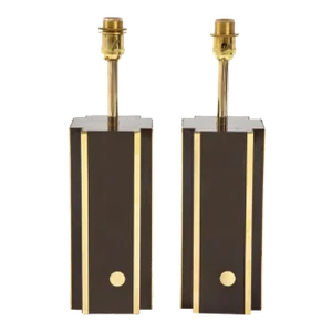 Pair of Deep Brown Laminate Table Lamps With Brass Accents, French 1970s