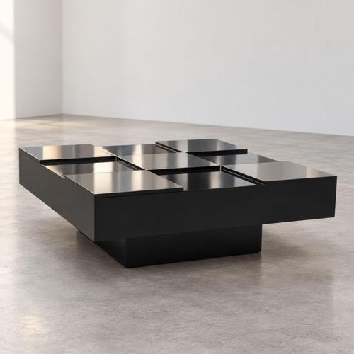 Italian Square Black Lacquer and Steel Coffee Table, 1970s For Sale - Image 4 of 8