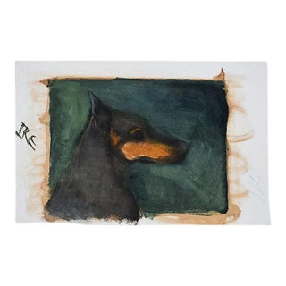 Portrait Painting of a Black Doberman Pincher Dog on Green - 17.5” X 12”- Signed For Sale