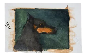 Portrait Painting of a Black Doberman Pincher Dog on Green - 17.5” X 12”- Signed