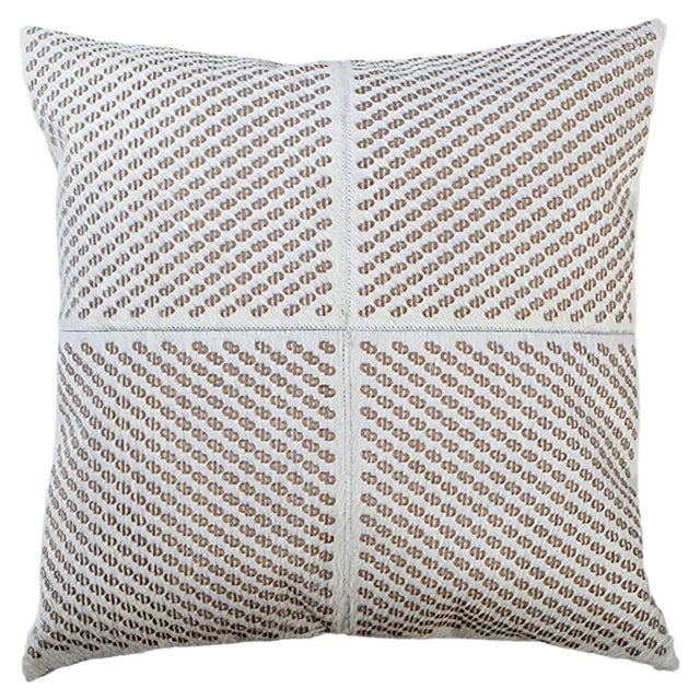 Winter White Patterned Cowhide Cushion with Leather Zip Tassels by Casa Botelho For Sale