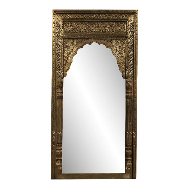 Ornate Moorish Arch Mirror With Brass Foil Cladding| Hand Carved Distressed Large Mirror | Farmhouse Hotel Entryway Unique Leaning Mirror For Sale