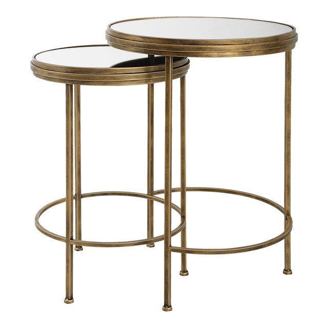 Antique Brass & Mirror Round Nesting Tables - Set of 2 For Sale