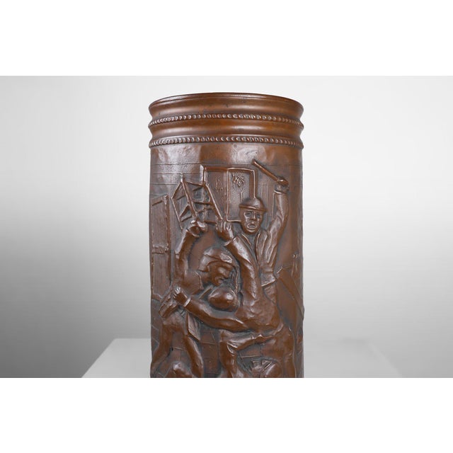 Mid-Century Modern Copper Umbrella Stand with Hammered Relief of Medieval Café, France, 1900s For Sale - Image 3 of 13