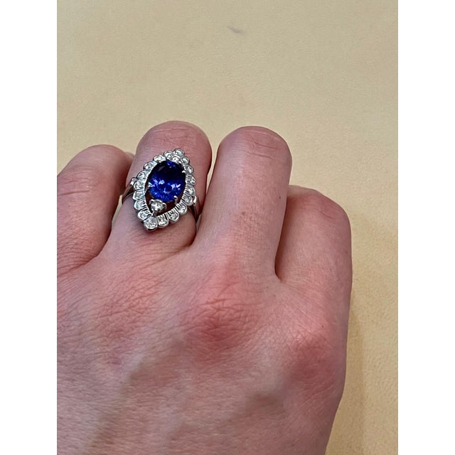 Gemstone 3.65 Carat Oval Tanzanite and 1 Carat Diamond Ring 18 Karat White Gold, Estate For Sale - Image 7 of 18