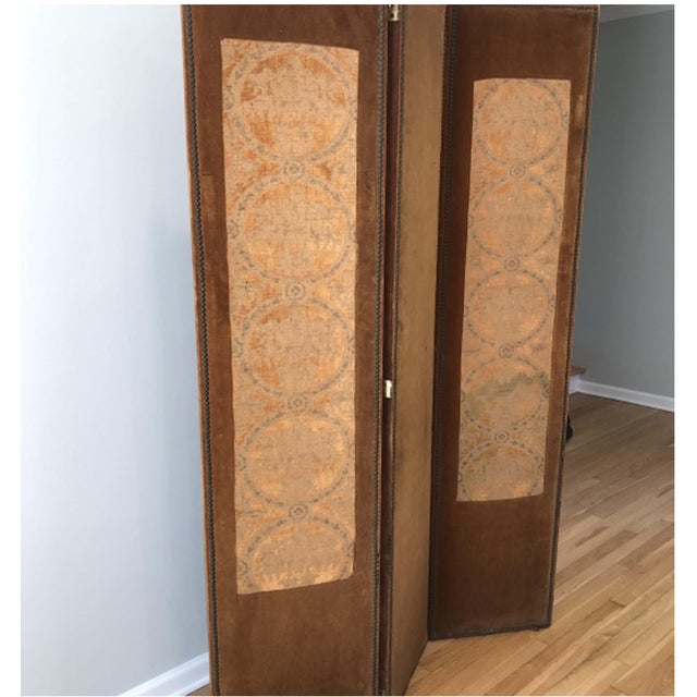 Textile Antique Velvet, Tapestry and Nail Heads Three-Panel Folding Screen For Sale - Image 7 of 9