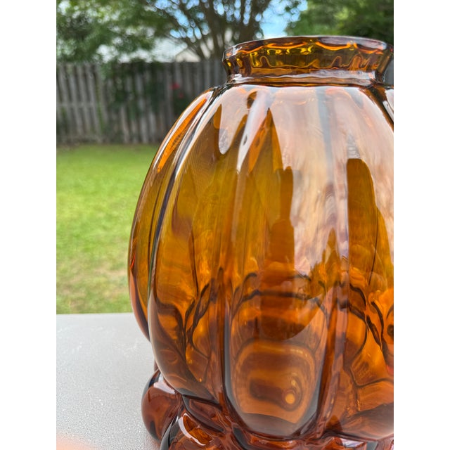 1960s Mid 20th Century Hand-Blown Amber Art Glass Pumpkin Melon Ribbed Lamp Shade 4" Fitter For Sale - Image 4 of 10