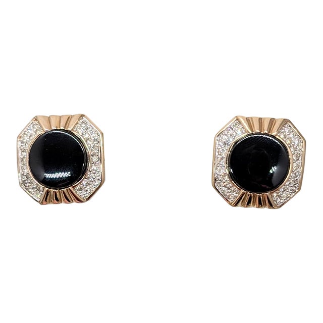 Vintage 1980s Signed Panetta Goldtone Faux-Onyx & Pavé Clear Rhinestone Pierced Earrings-2 Pieces For Sale