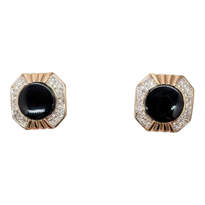 Vintage 1980s Signed Panetta Goldtone Faux-Onyx & Pavé Clear Rhinestone Pierced Earrings-2 Pieces