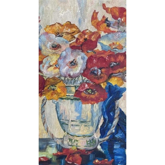 1930s 1939 Vintage French Oil Painting – Poppies on Wooden Panel For Sale - Image 5 of 6