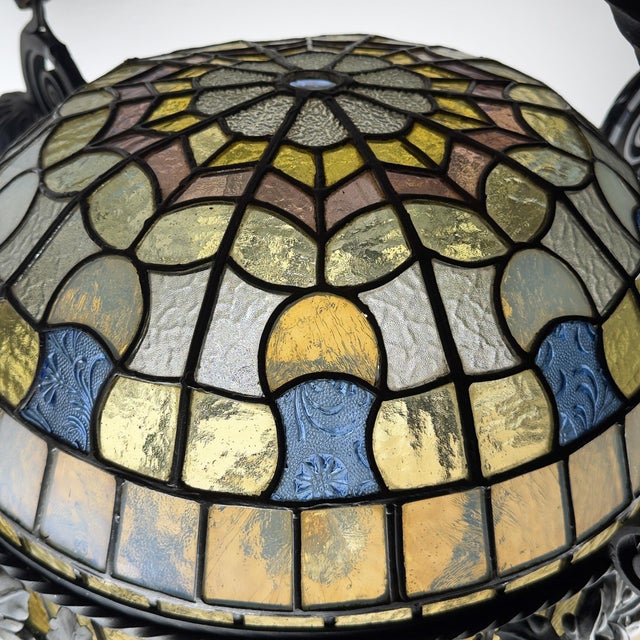 Art Nouveau Revival Wrought Iron Chandelier with Floral Stained Glass, Italy, 1950s For Sale - Image 3 of 18