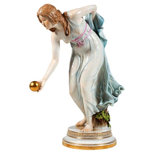 Ceramic Art Nouveau Figurine of Young Lady Ball Player attributed to Walter Schott for Meissen, 1900s For Sale - Image 7 of 7