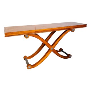 Late 20th Century Large Neoclassical Curule Console Table With Fluted Pewter-Tone Accents For Sale