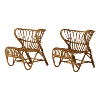Viggo Boesen Danish Rattan “Fox Chairs”, a Pair, Mid Century, 1960's For Sale