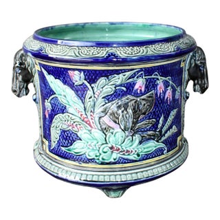 French Majolica Barbotine Cache Pot With Horse Head Handles For Sale