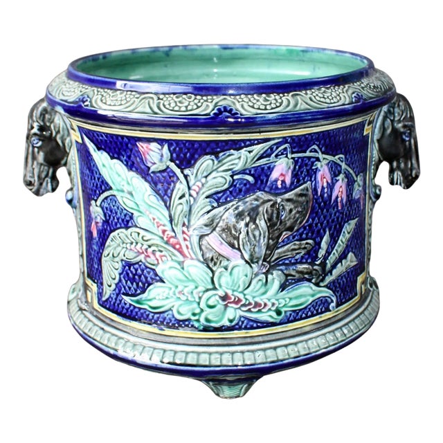 French Majolica Barbotine Cache Pot With Horse Head Handles For Sale