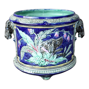 French Majolica Barbotine Cache Pot With Horse Head Handles