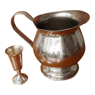 Late 18th Century Empire Pewter Pitcher 24 Oz Silver / Preismer Sterling Cordial Shot Cup For Sale