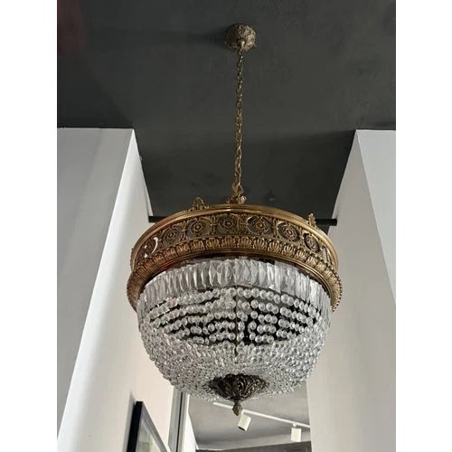Antique Beaux Arts Bronze Crystal Basket Four Light Chandelier Rewired For Sale - Image 4 of 10