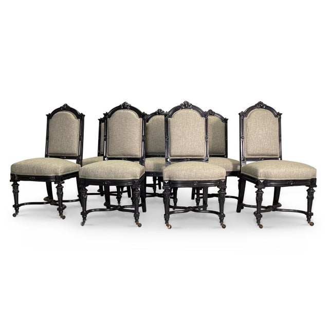 1900-1909 Set of 10 Aesthetic Movement Ebonized Dining Chairs on Casters in Performance Linen For Sale - Image 4 of 12