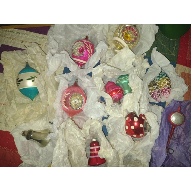 12 vintage Shiny Brite glass Christmas tree ornaments and other ornaments in red, gold, blue, green, and pink design. Each...