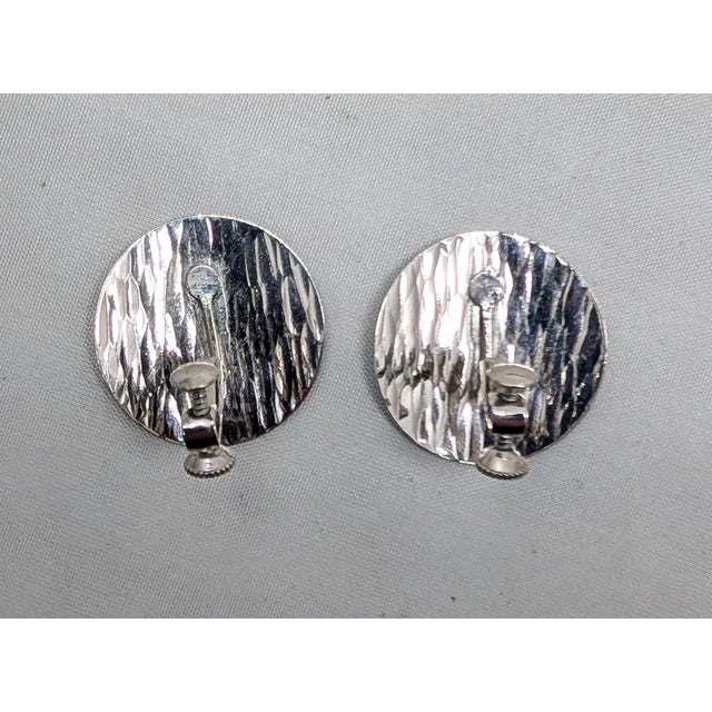Silver Vintage Signed Napier Rhodium Plated Round Wavy Texture Clip Earrings-2 Pieces For Sale - Image 8 of 8