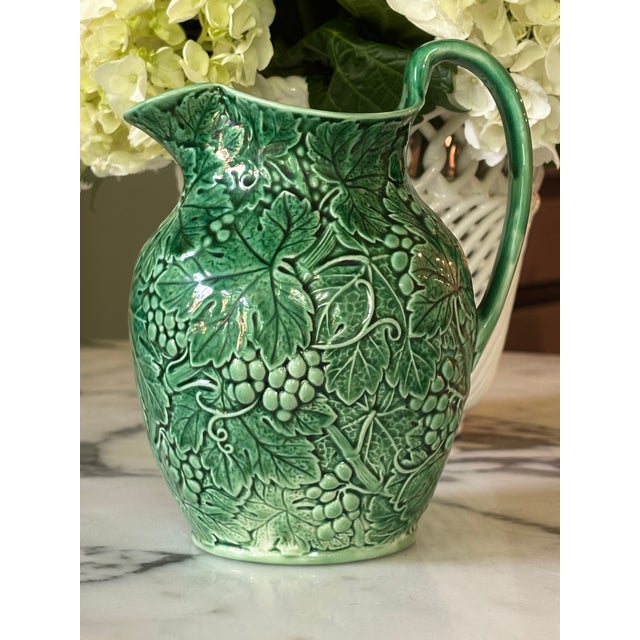 Wedgwood Vintage Wedgwood Majolica Style Etruria & Barlaston Green Grapes & Leaves Pitcher For Sale - Image 4 of 12
