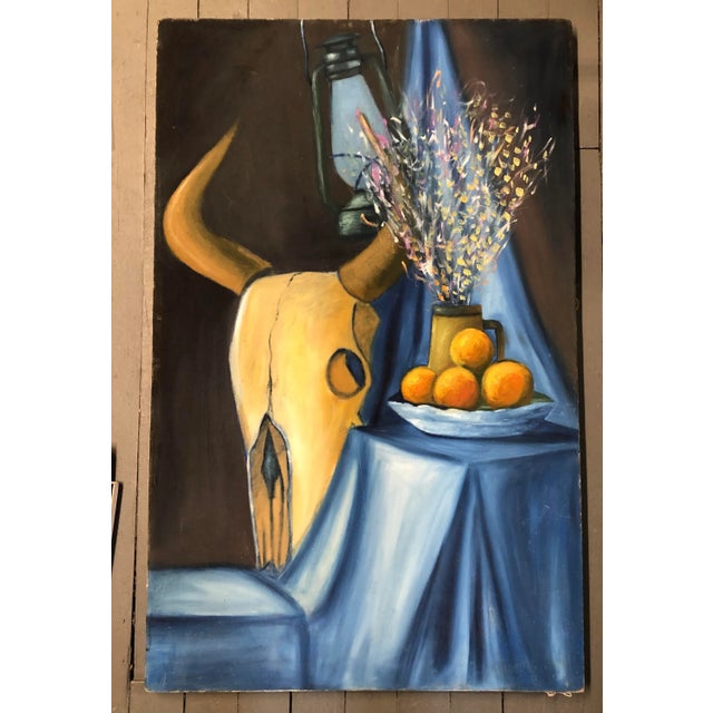 Original Vintage Still Life Painting Cow Skull & Flowers For Sale - Image 9 of 9