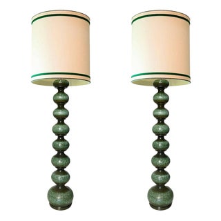 Green Ceramic Floor Lamp from Kaiser with Silk Lampshade by R. Houben, 1960s For Sale