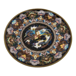 19th Century Japanese Large 14" Cloisonne Enamel Charger With Phoenix