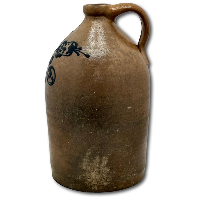 Great Mid 1800s Antique American 2 Galllon Stoneware Jug With Bold Artiscally Hand Decorated Navy Blue Flower Design For Sale - Image 15 of 18