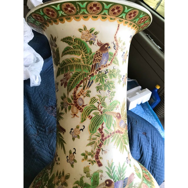 1960s Mid-Century Monumental 72” Ceramic Floor Vase – Tropical Bird & Palm Motif For Sale - Image 4 of 8