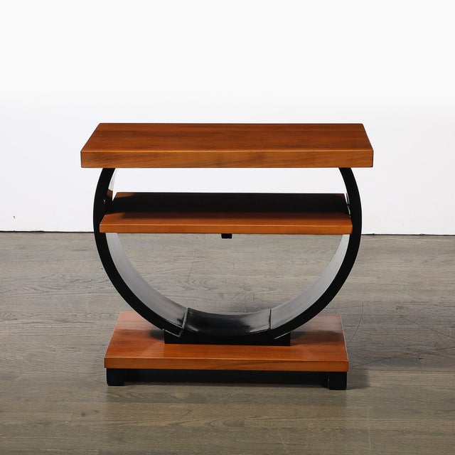 Pair of Art Deco Machine Age Two-Tier Side Tables in Walnut & Black Lacquer For Sale - Image 10 of 18