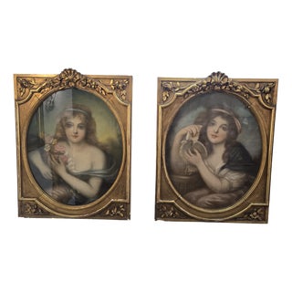 Pair of Greuze Pastel Portraits, 1800s, Pastel, Framed For Sale