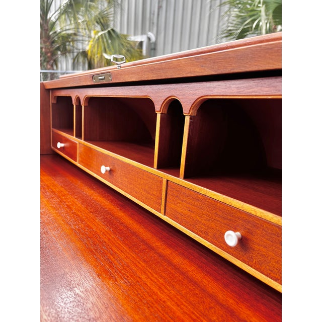 Mid Century Modern Teak Diamond Motif Rolltop Desk & Drawers With Lock + Key | by Egon Ostergaard Made in Sweden For Sale In Tampa - Image 6 of 17