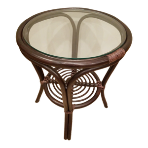 Vintage MCM Rattan Natural Wicker Handmade Round Coffee Table With Glass Top
