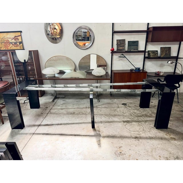 1980s Extendable Console Table with Metal Frame and Black Lacquered Finish, 1980s For Sale - Image 5 of 9