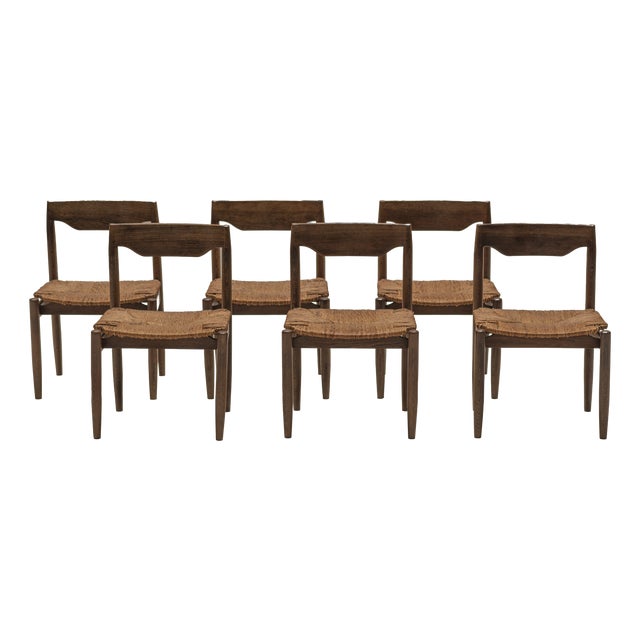 Mid-Century Wengé and Rattan Dining Chairs, 1970s, Set of 6 For Sale